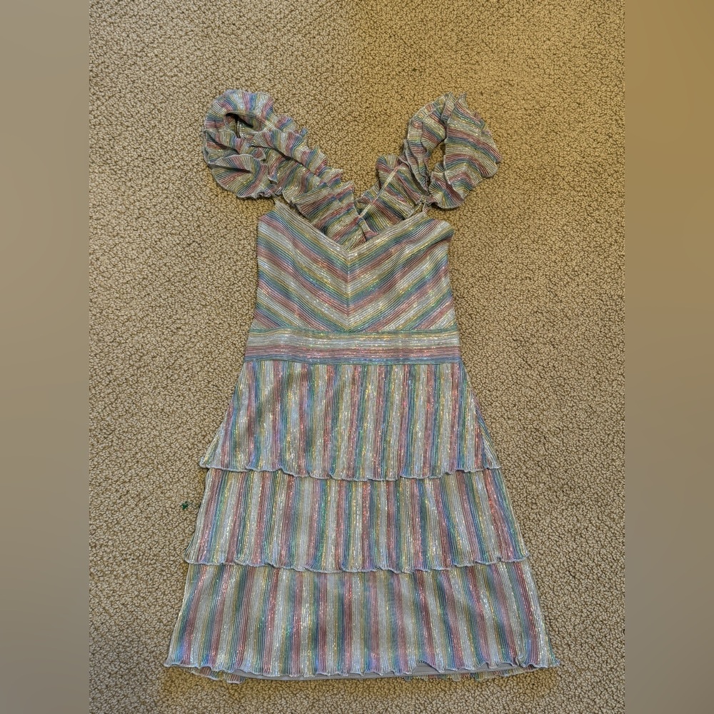 Candy Stripe Pleat Garbine Ruffled mini dress